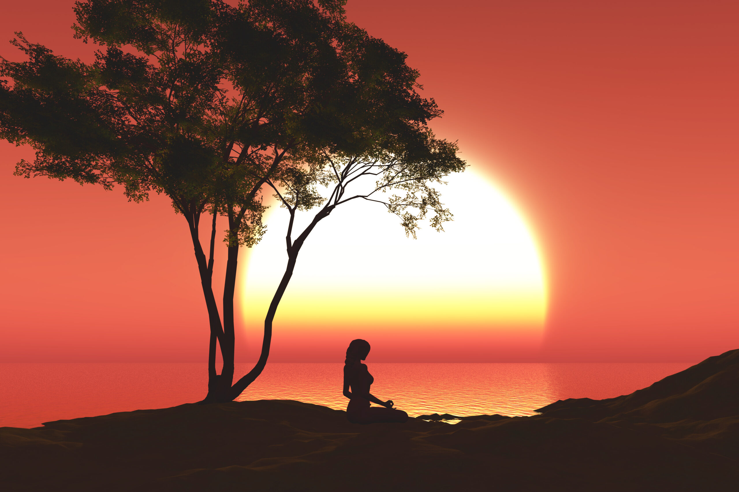 3D render of a sunset landscape with female in yoga pose under a tree